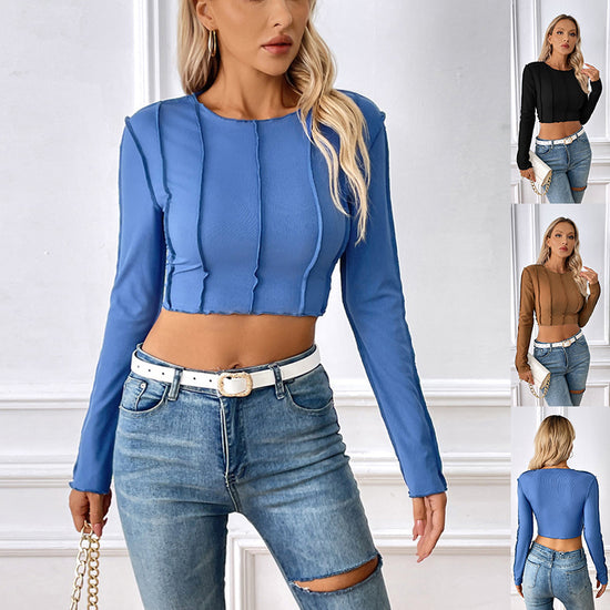 Slim Long Sleeve T-shirt With Exposed Stitching Sexy Navel-exposed Top