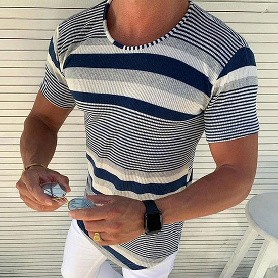 Striped Round Neck Short Sleeve Woolen T-shirt