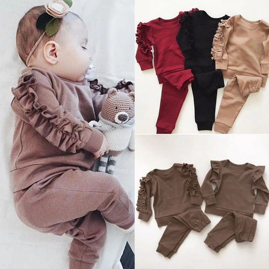 Newborn Baby Ruffles Jumper Solid Long Sleeve 2Pcs Outfits Clothes Set