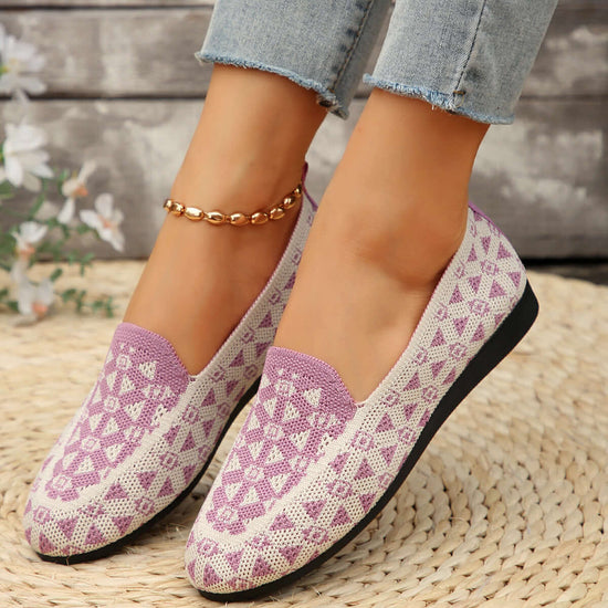 Women Printed Round Toe Flat Shoes Casual Hollow Breathable Knitted